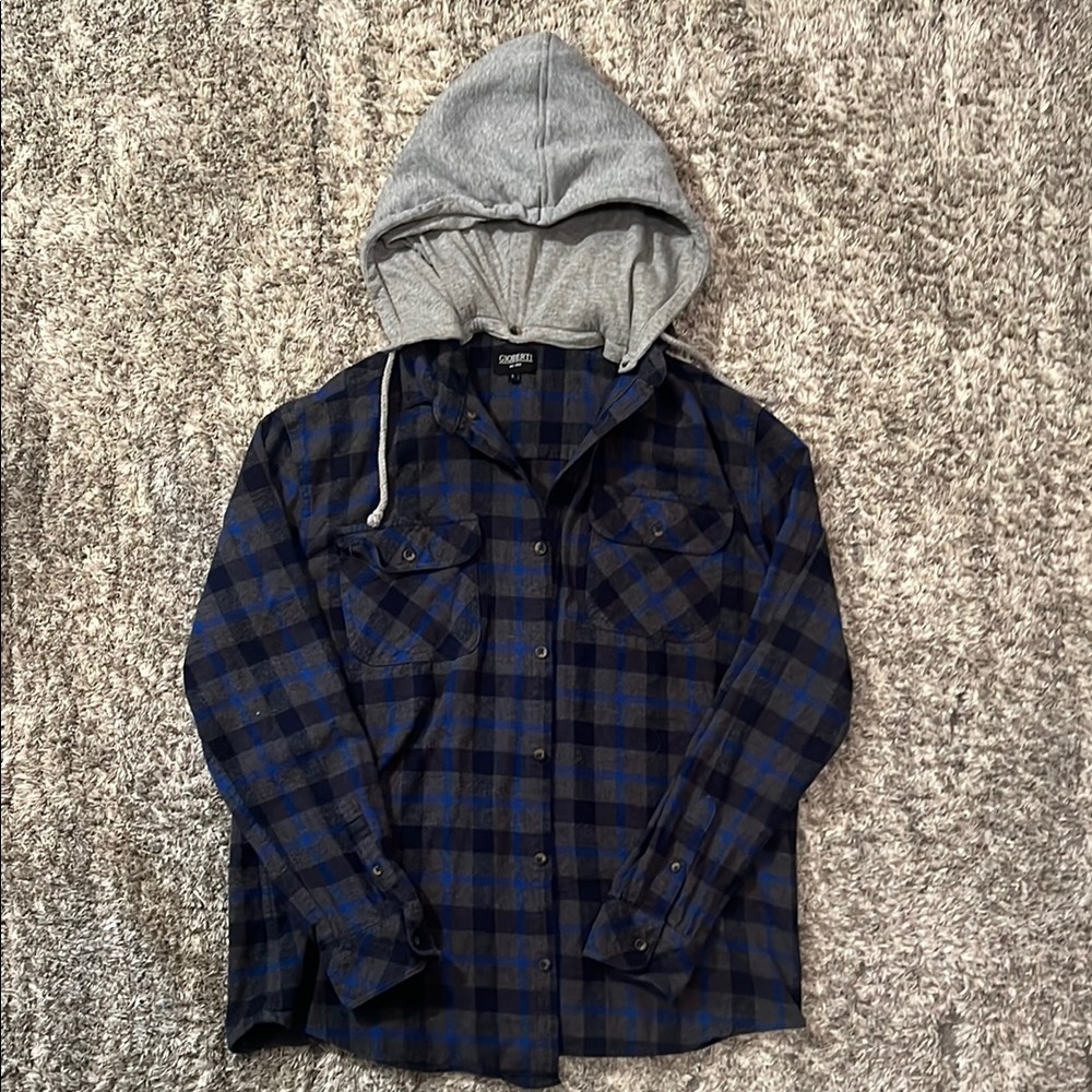 Casual Button Down Blue and Black Plaid Shirt with Removable hood